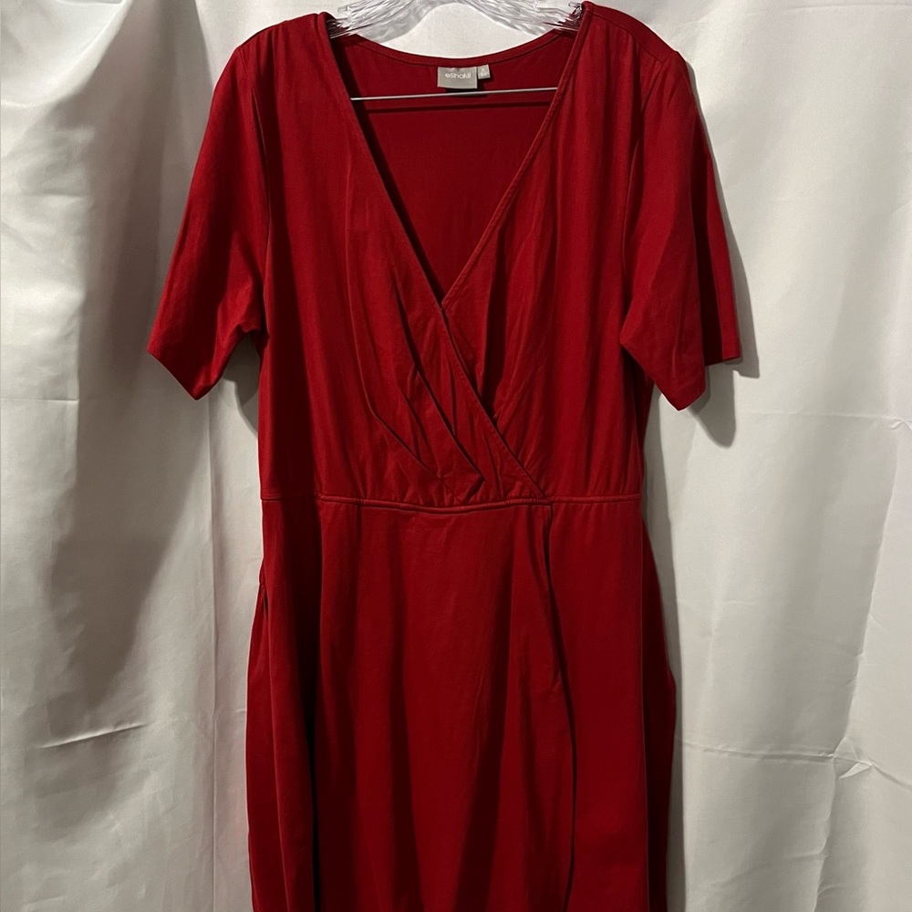 eShakti Red Wrap Dress with Belt and Pockets